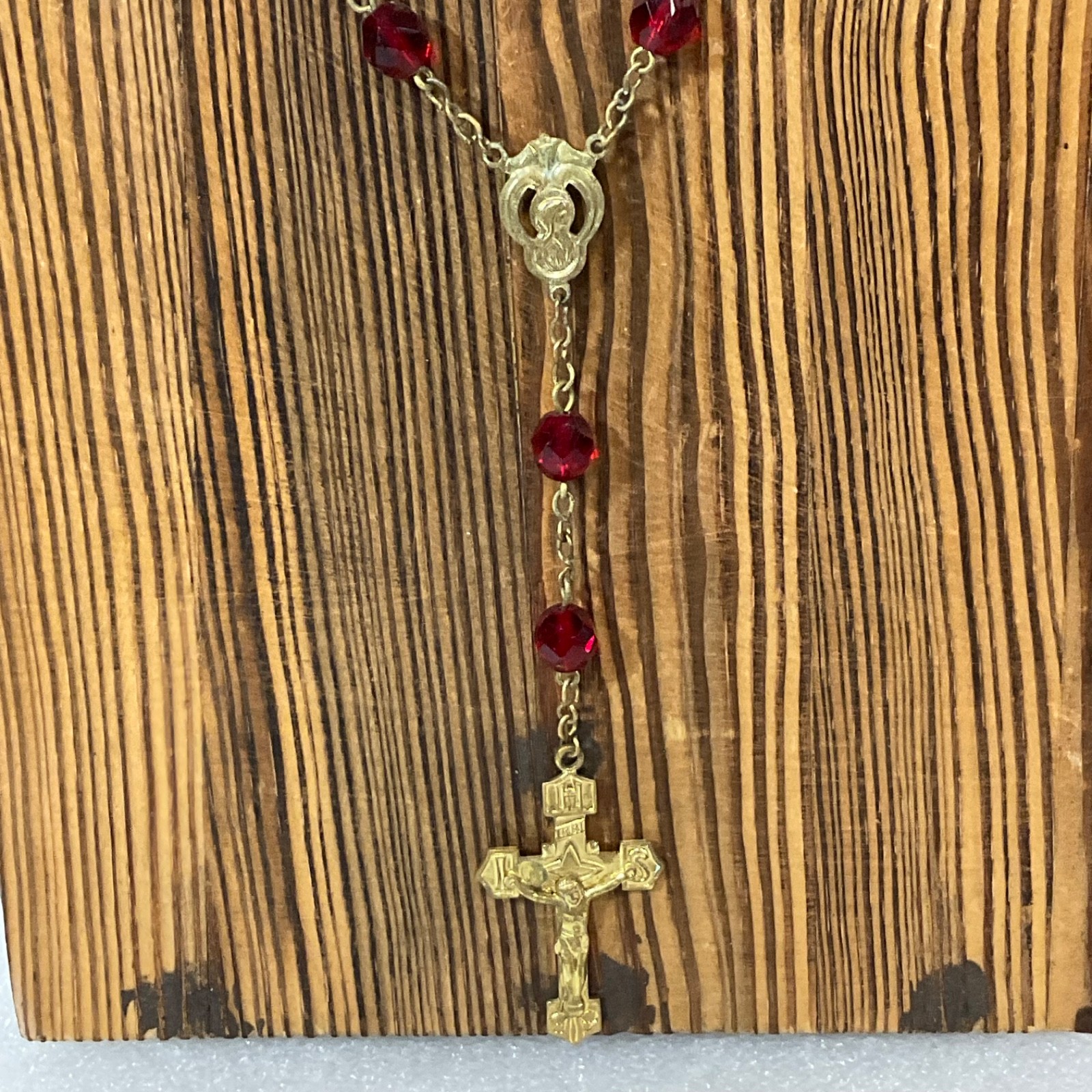 VTG Catholic Rosary Red Faceted Glass Beads Gold Tone Crucifix Cross Necklace - Image 2