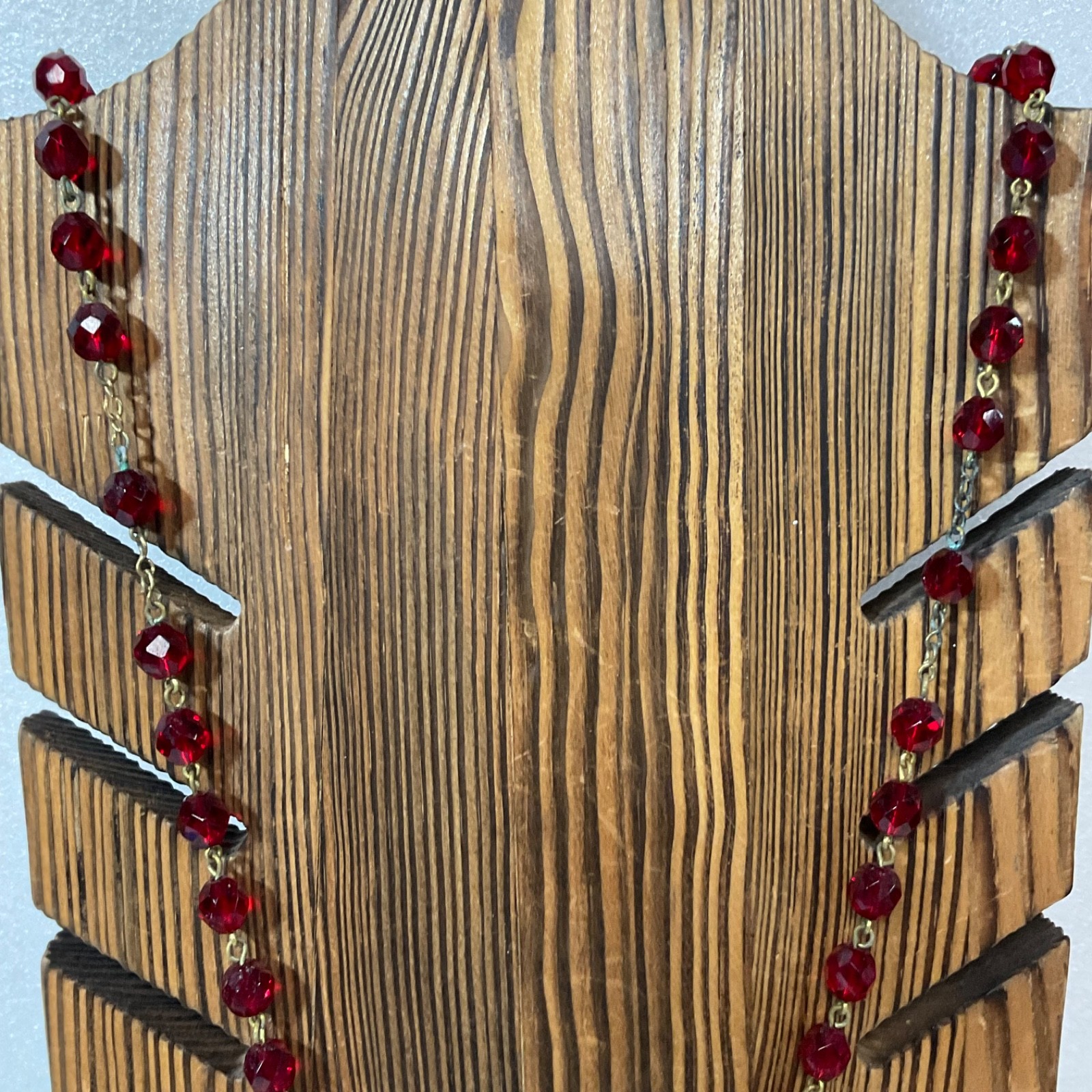 VTG Catholic Rosary Red Faceted Glass Beads Gold Tone Crucifix Cross Necklace - Image 7