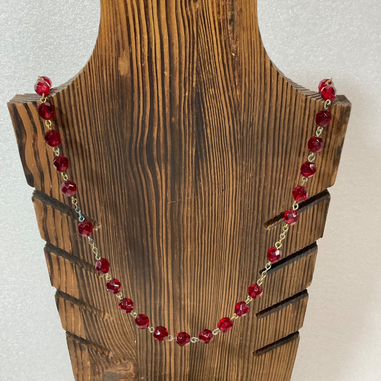 VTG Catholic Rosary Red Faceted Glass Beads Gold Tone Crucifix Cross Necklace - Image 8