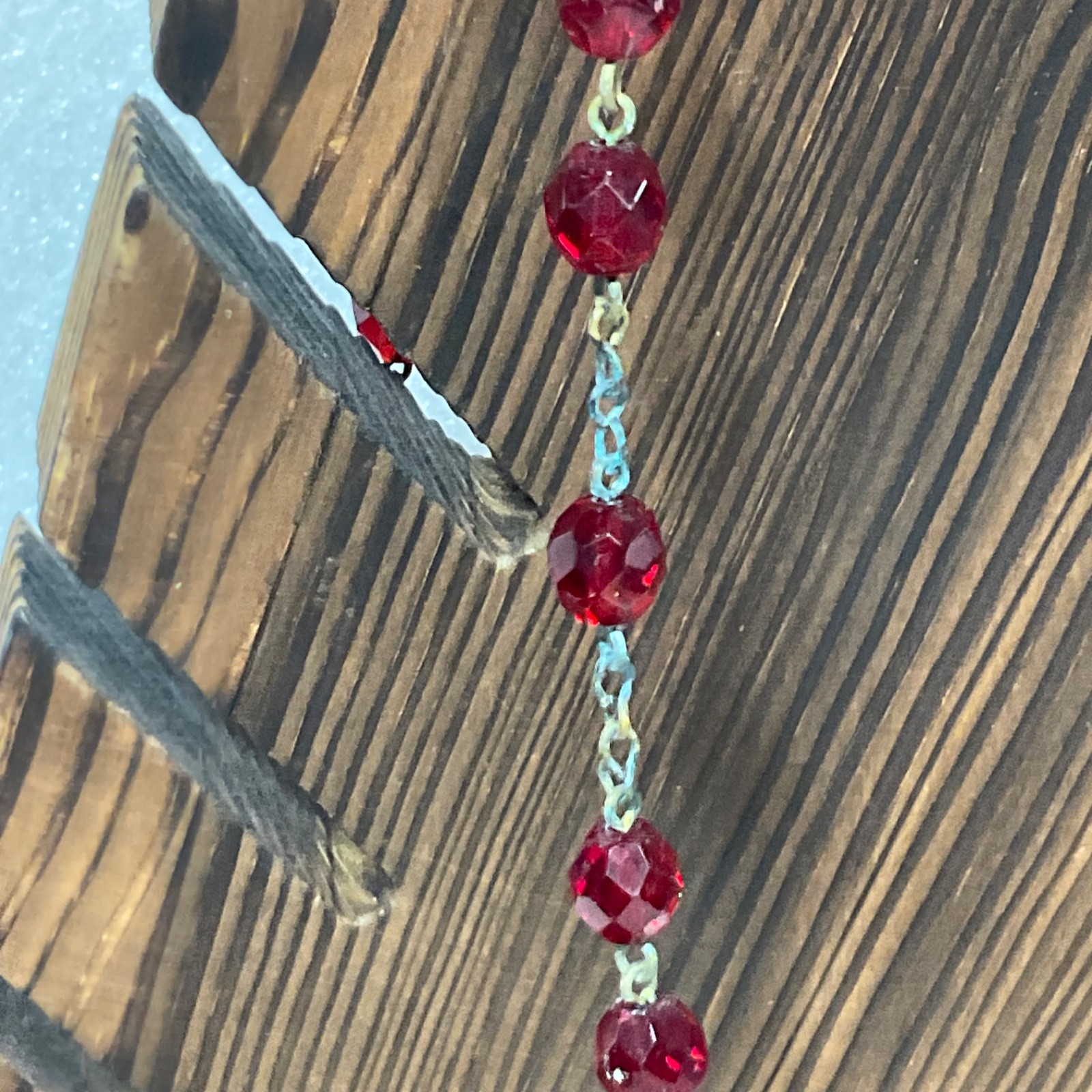 VTG Catholic Rosary Red Faceted Glass Beads Gold Tone Crucifix Cross Necklace - Image 9