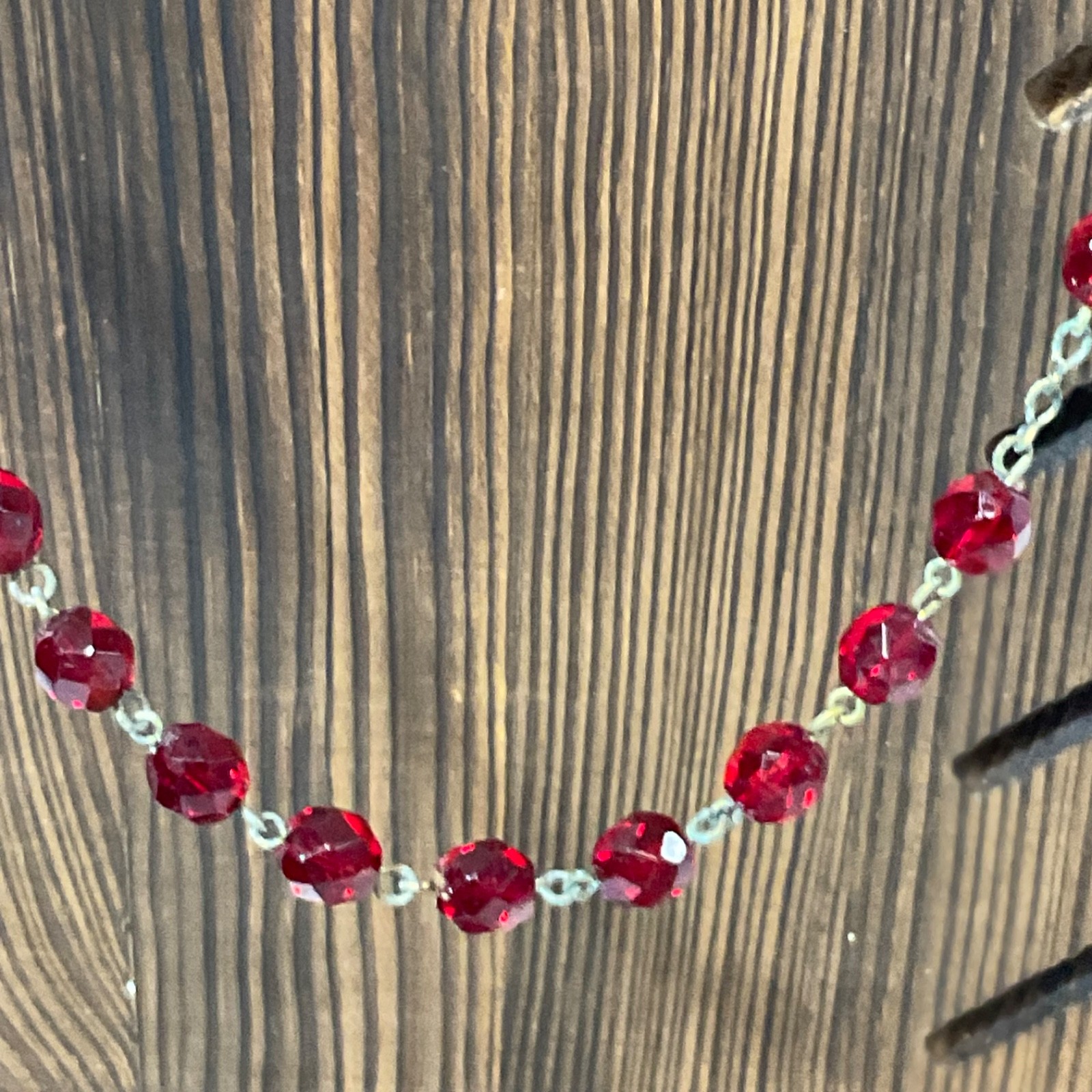 VTG Catholic Rosary Red Faceted Glass Beads Gold Tone Crucifix Cross Necklace - Image 10