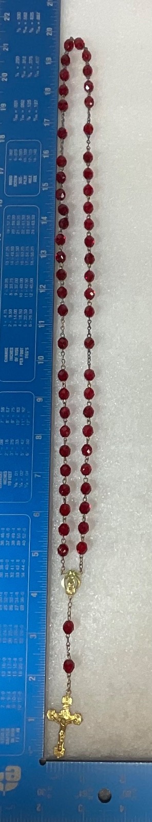 VTG Catholic Rosary Red Faceted Glass Beads Gold Tone Crucifix Cross Necklace - Image 13
