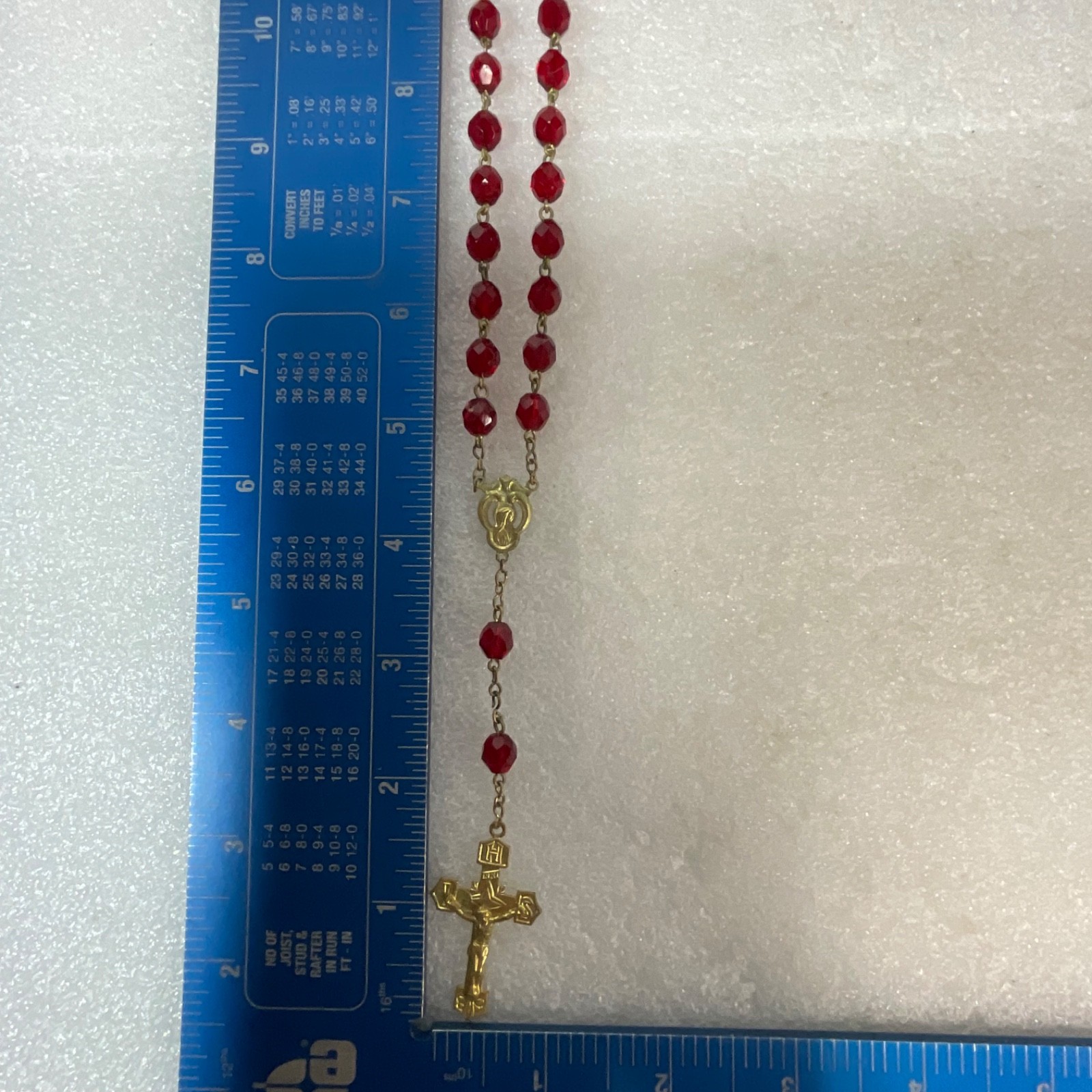 VTG Catholic Rosary Red Faceted Glass Beads Gold Tone Crucifix Cross Necklace - Image 16