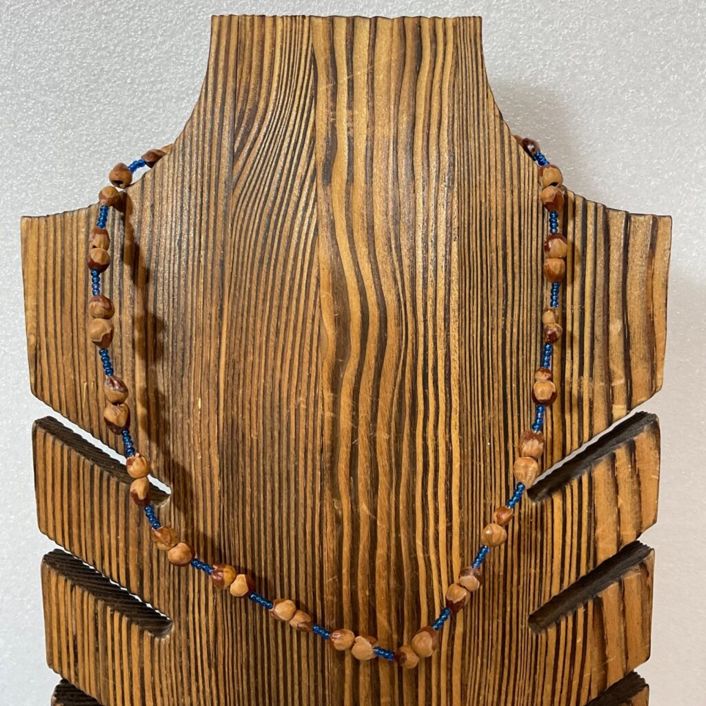 Vintage 15" Wooden Seed Bead Necklace Blue Glass Accents Tribal Boho Handmade - Image 1