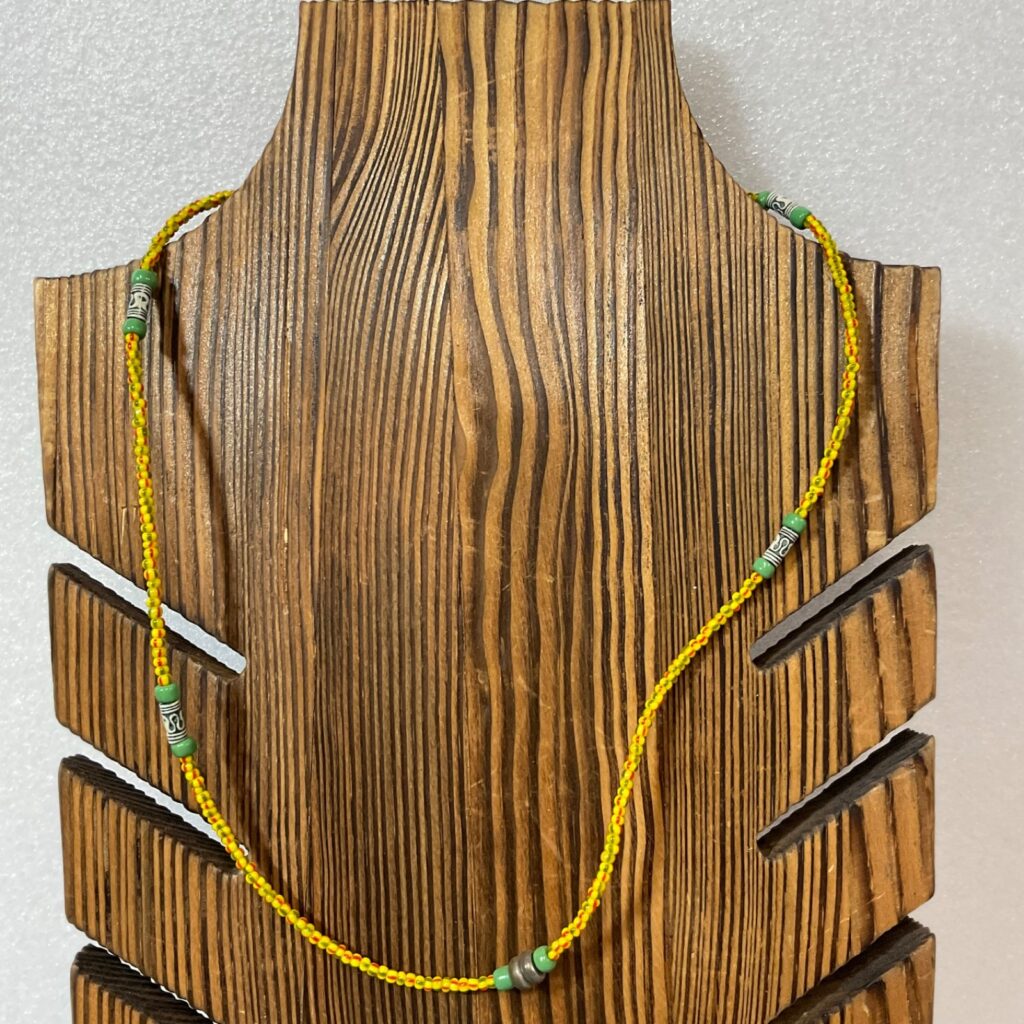 18" Yellow Glass Seed Bead Necklace Tribal Style with Green Tube Beads Boho - Image 1