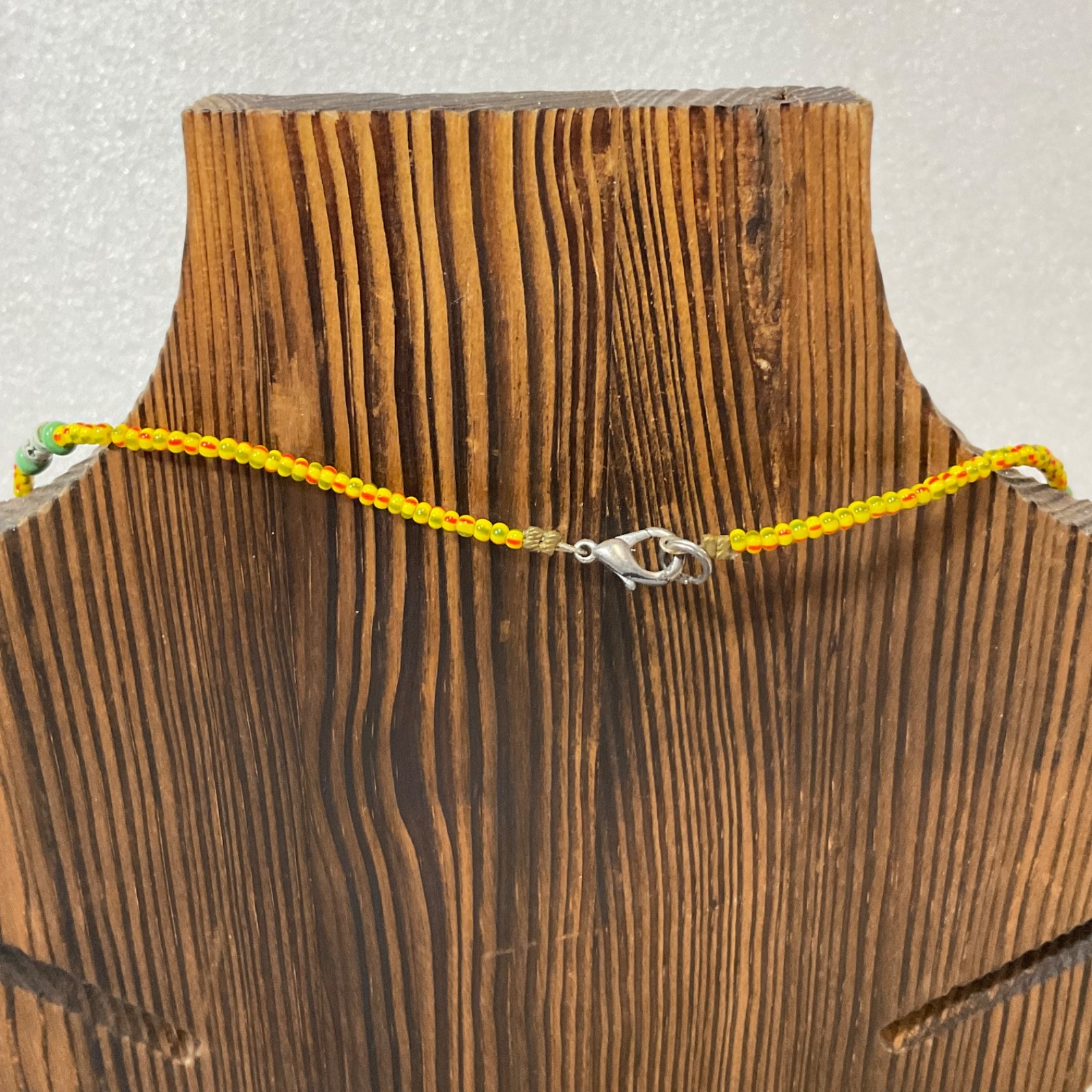 18" Yellow Glass Seed Bead Necklace Tribal Style with Green Tube Beads Boho - Image 2