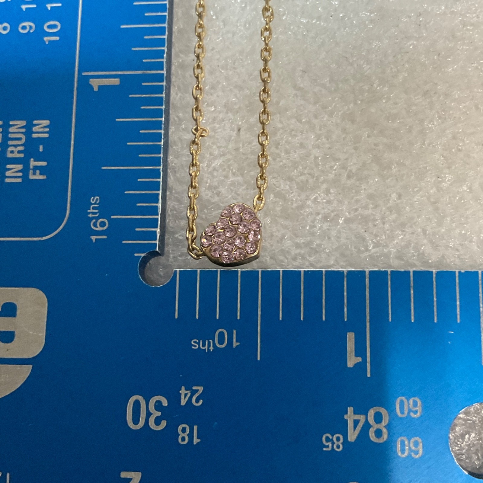 16" Gold Tone Chain Necklace Pink Rhinestone Heart Pendant Adjustable Dainty - Image 7