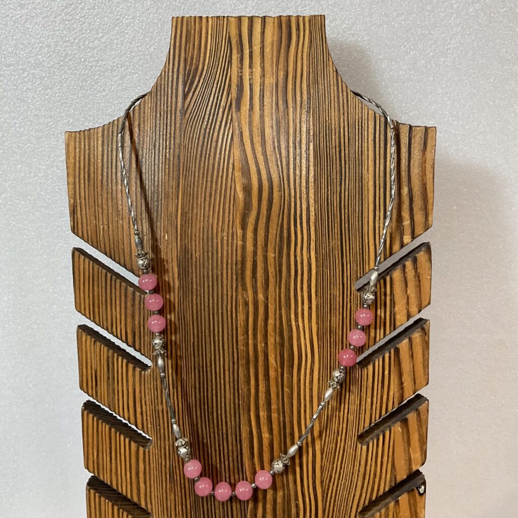 Vintage 20" Silver Tone Necklace Pink Glass Beads Tribal Ethnic Boho Jewelry - Image 1
