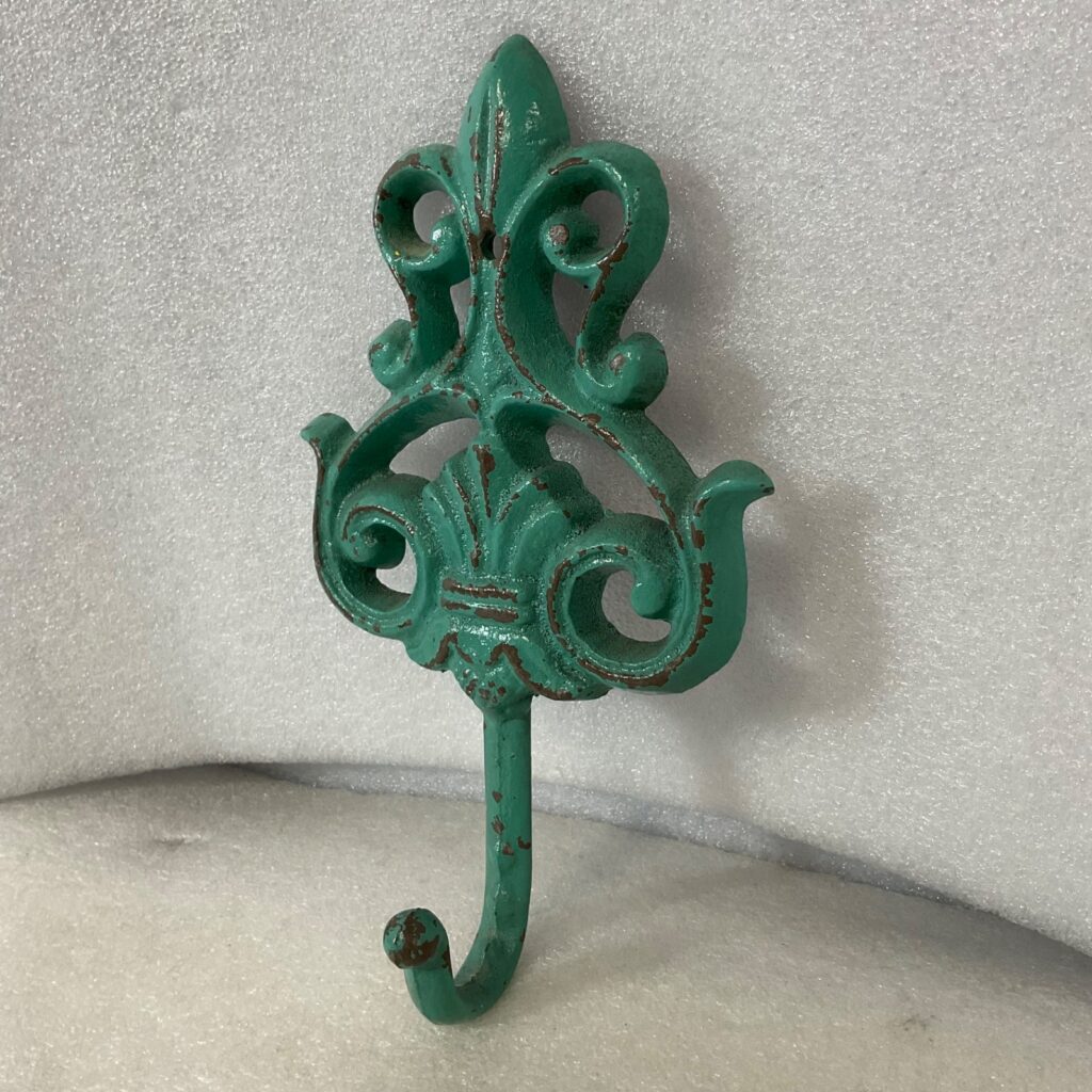 Turquoise Cast Iron Fleur De Lis Wall Hook 7.5in Decorative Coat Hook - Image 1