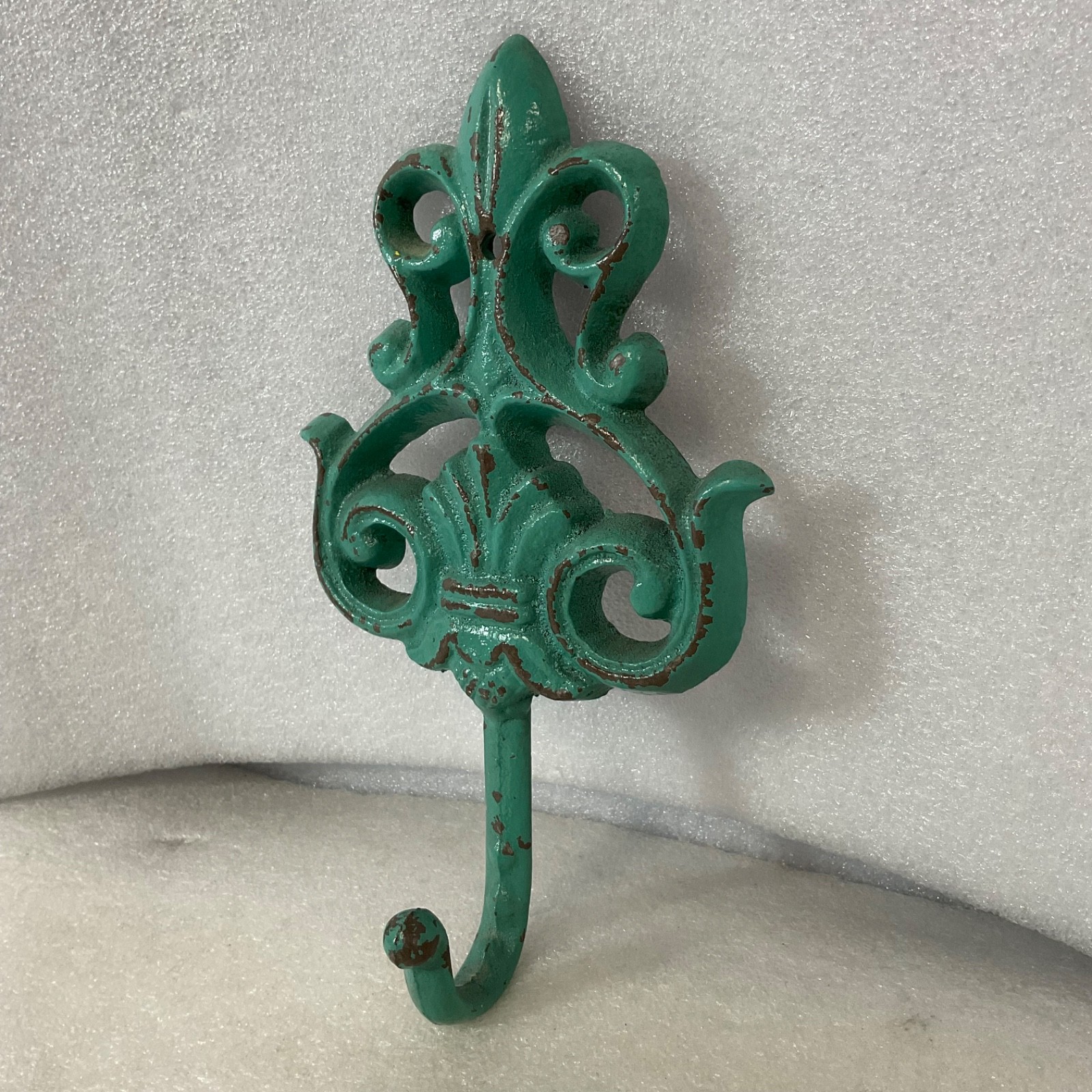 Turquoise Cast Iron Fleur De Lis Wall Hook 7.5in Decorative Coat Hook - Image 1