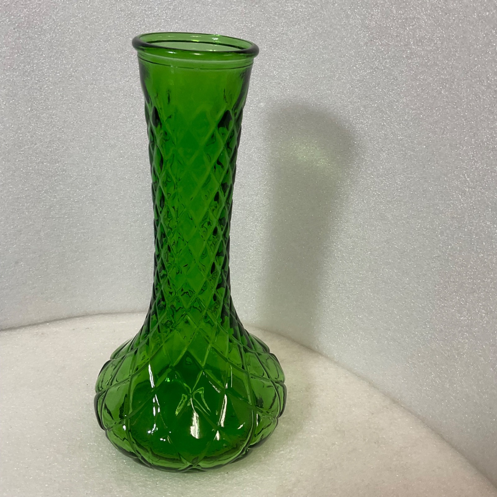 Green Glass Diamond Quilted Pattern Bud Vase 9in Numbered 4095 - Image 1