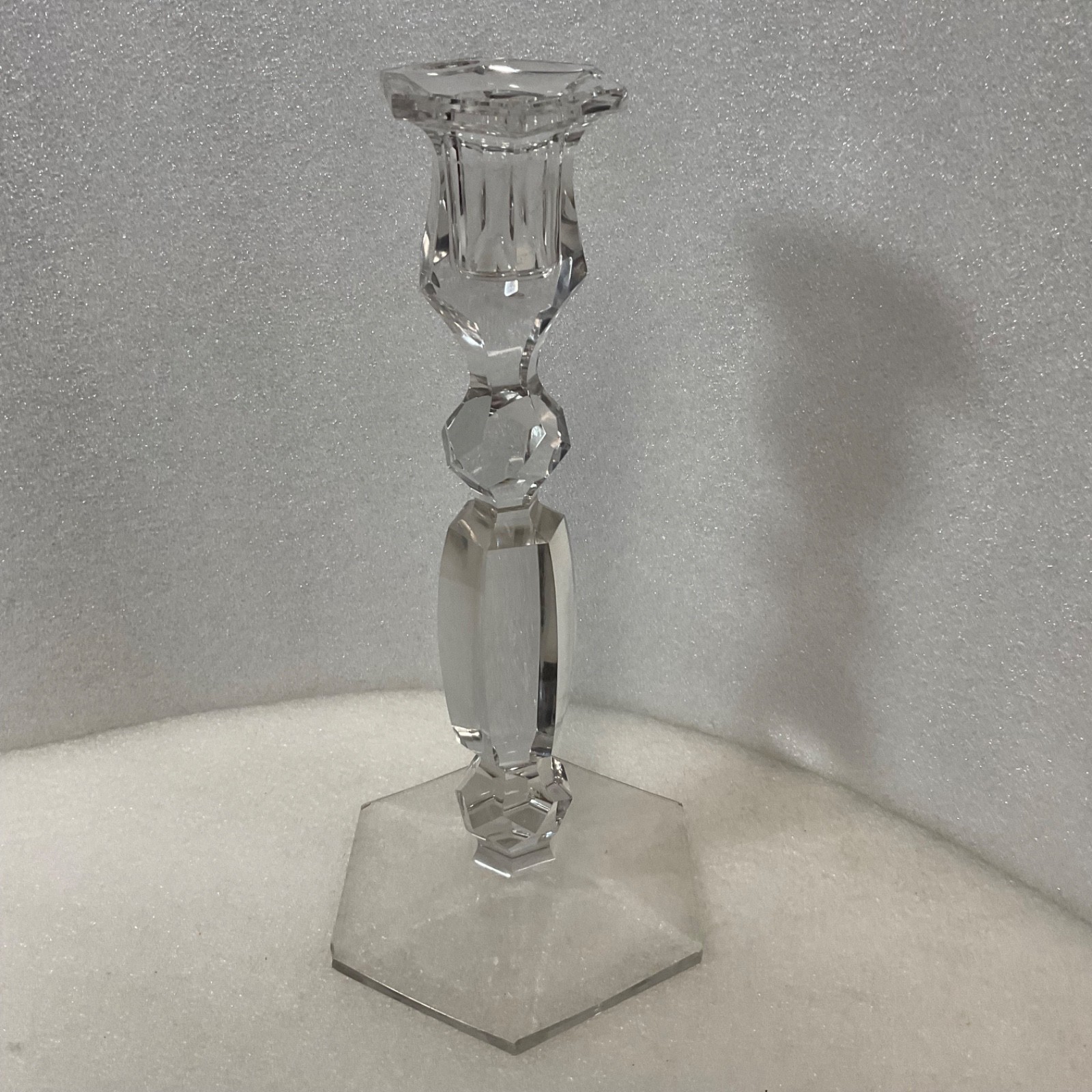 Clear Faceted Glass Candlestick Holder 8in Hexagon Base Taper Candle - Image 1