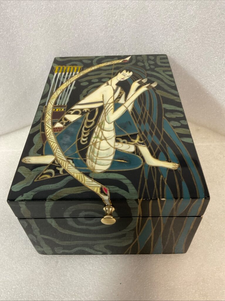 Painted Lacquer Jewelry Trinket Box Chinese Style Huntress Archer 9x6x4 in - Image 1