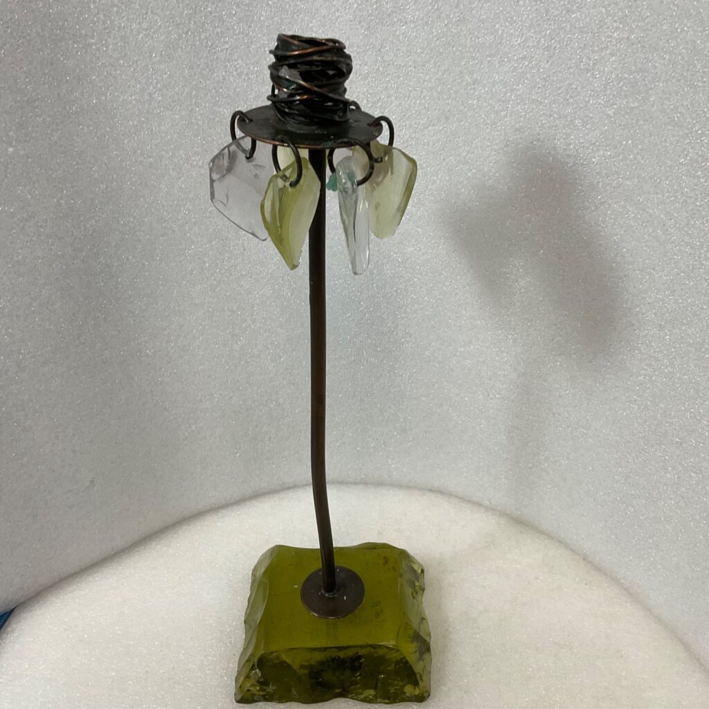 11in Art Glass Candle Holder Metal Stand Dangling Glass Panels Cracked Base - Image 1