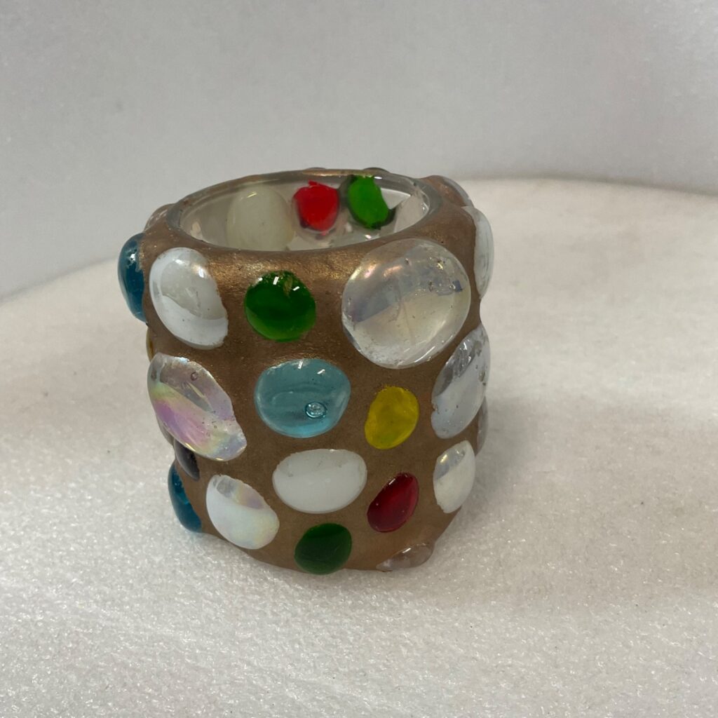 Mosaic Glass Votive Candle Holder 2.5in Multicolor Cabochon Gold Tone - Image 1