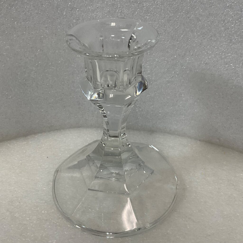 Clear Glass Taper Candlestick Holder 4.25in Faceted Round Base - Image 1