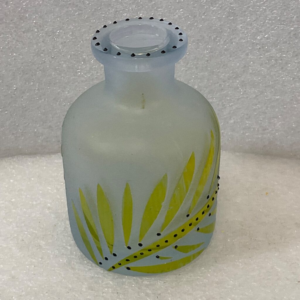 Hand Painted Frosted Glass Bottle Vase 2.5in Blue Yellow No Stopper - Image 1