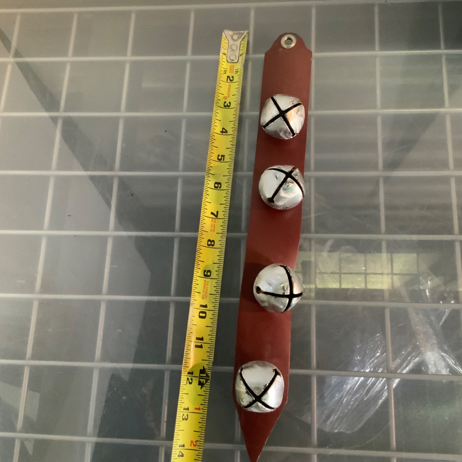 4 Silver Tone Sleigh Bells Red Leather Strap Christmas Door Hanger 14 in - Image 4