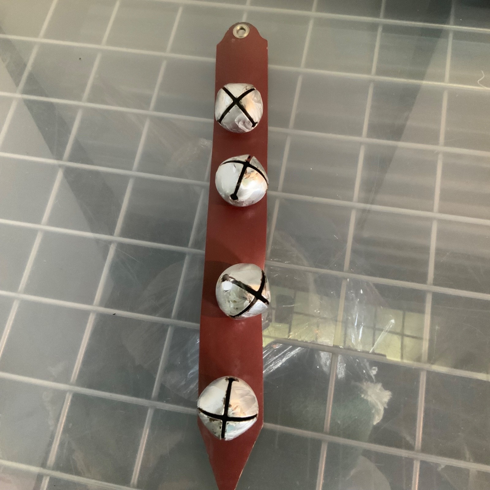4 Silver Tone Sleigh Bells Red Leather Strap Christmas Door Hanger 14 in - Image 1
