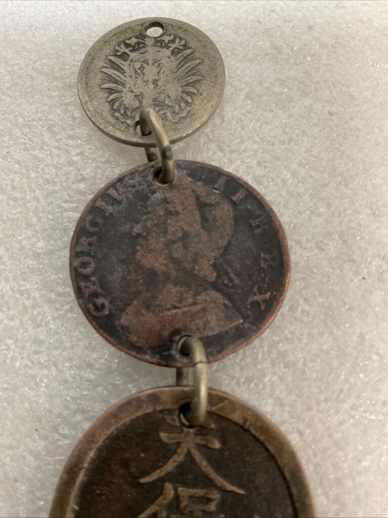 Antique Coin Pendant Lot German 1876 Pfennig British Georgian Token JapaneseOval - Image 1