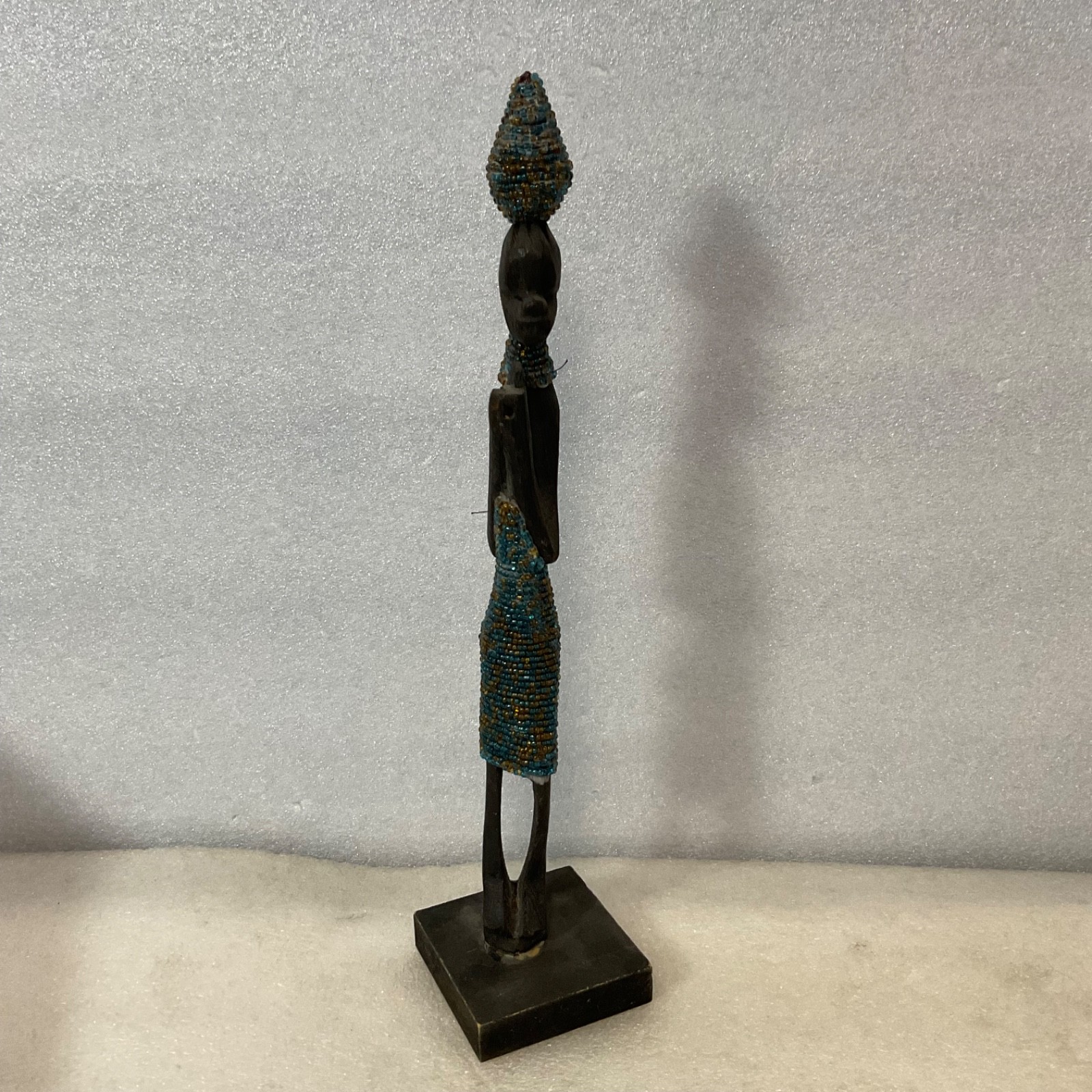 Beaded Carved Wood Figure Sculpture 12in on Wood Base - Image 1