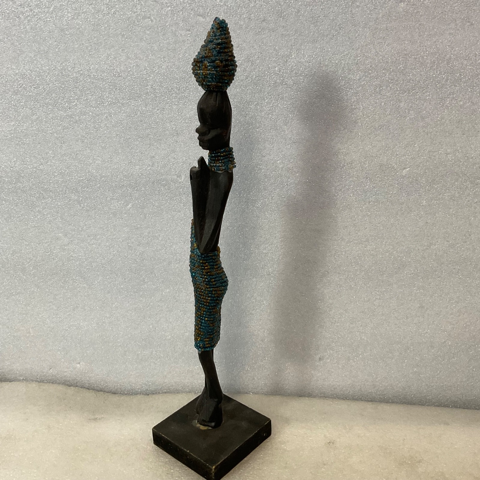 Beaded Carved Wood Figure Sculpture 12in on Wood Base - Image 2