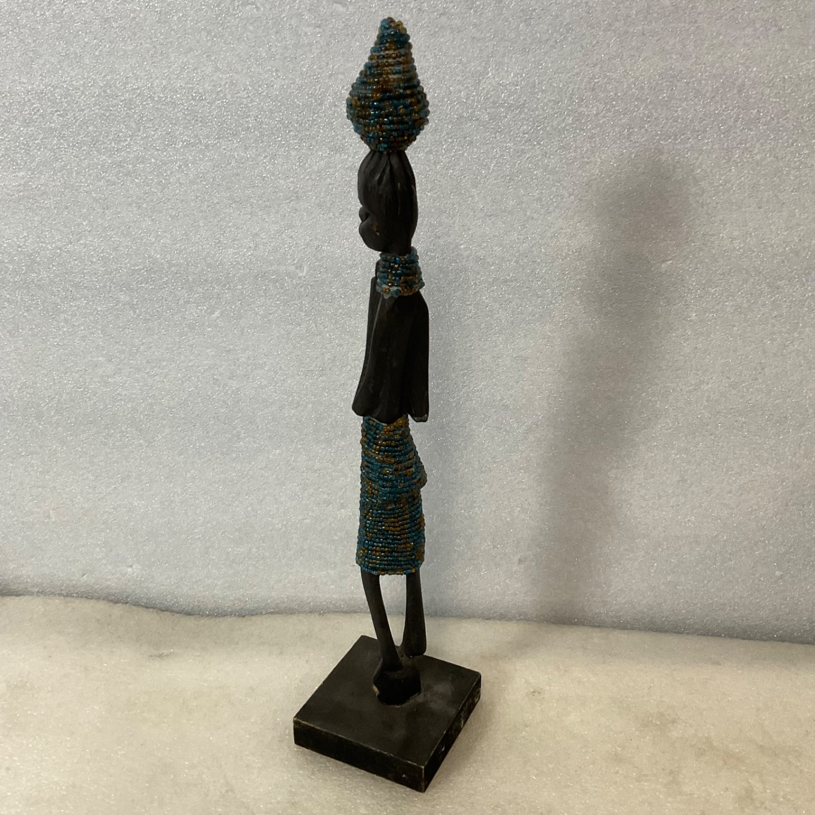Beaded Carved Wood Figure Sculpture 12in on Wood Base - Image 3
