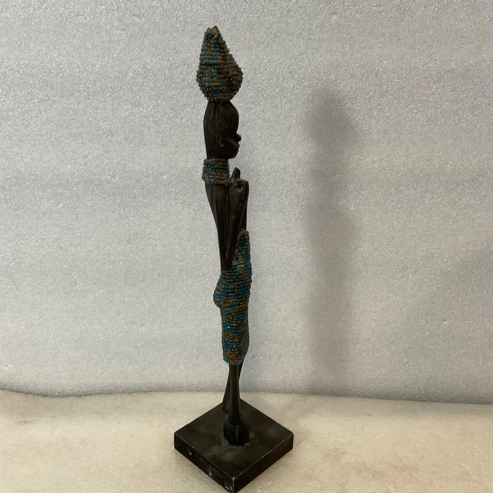 Beaded Carved Wood Figure Sculpture 12in on Wood Base - Image 5