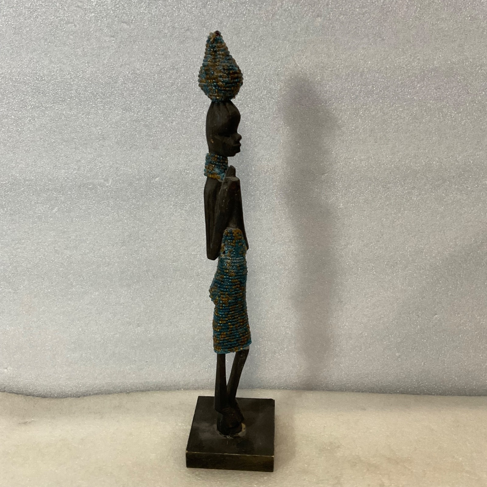 Beaded Carved Wood Figure Sculpture 12in on Wood Base - Image 6