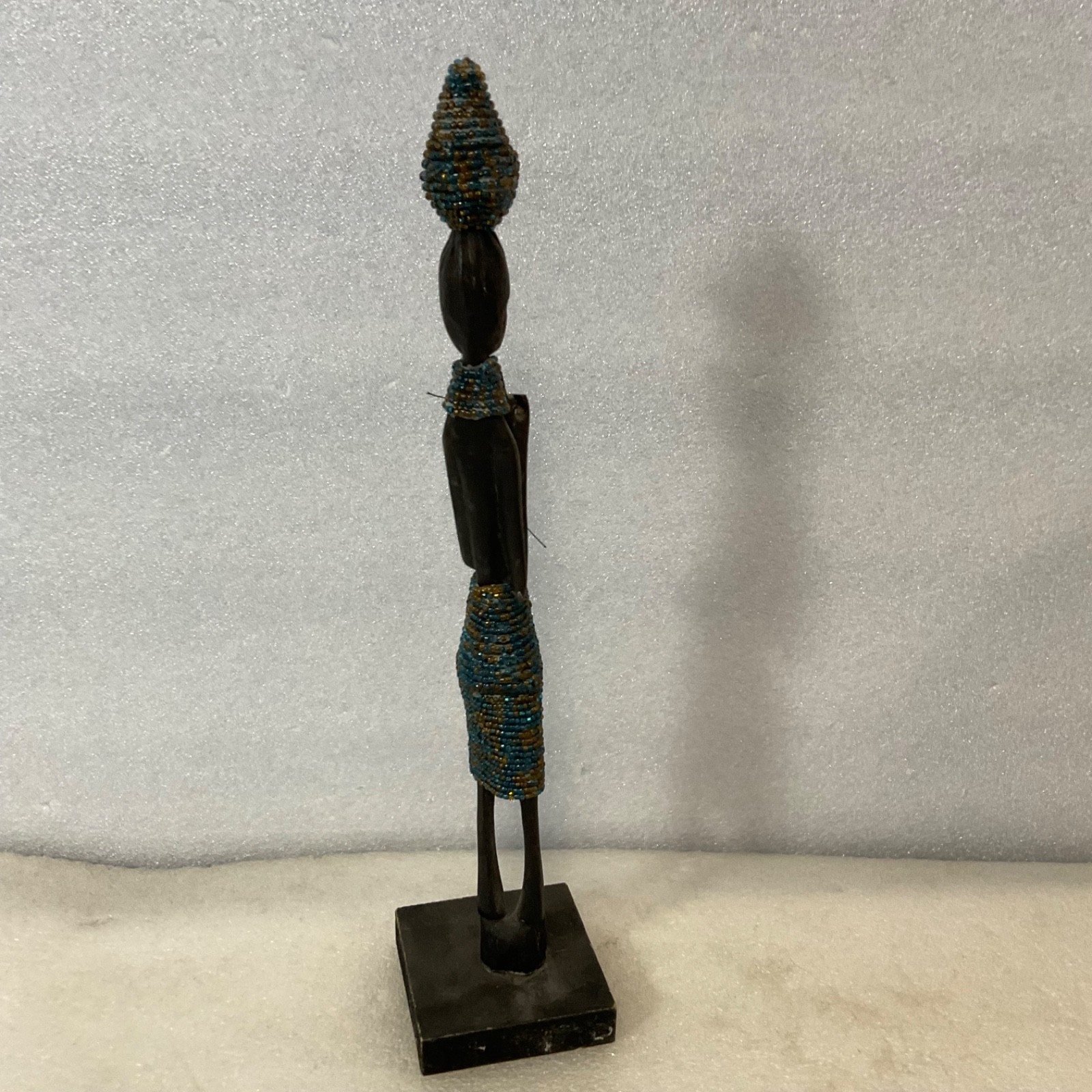 Beaded Carved Wood Figure Sculpture 12in on Wood Base - Image 4