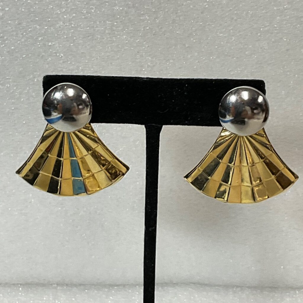 Vintage Gold Silver Tone Fan Earrings Geometric Statement Post Studs 8.24g 1.5in - Image 1