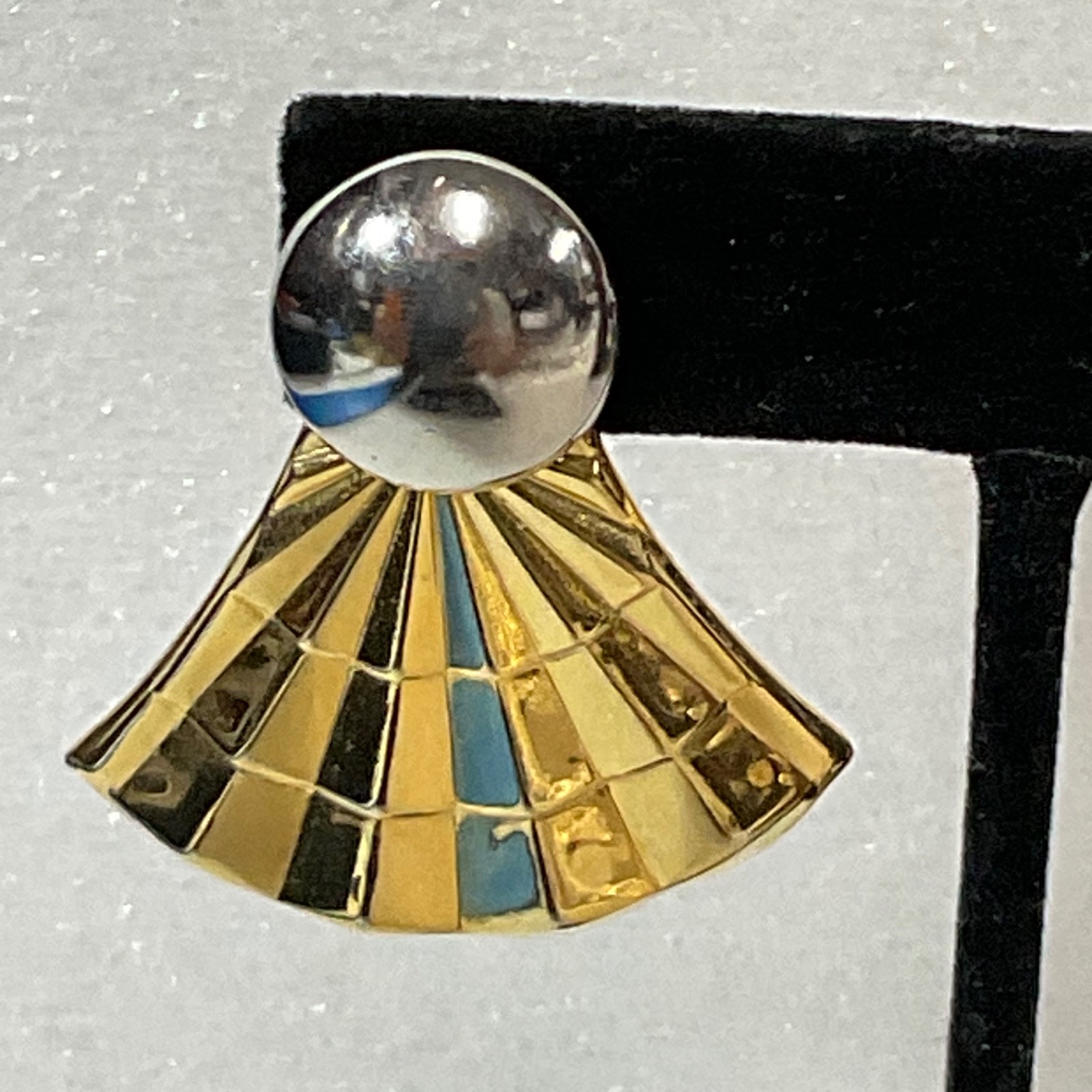 Vintage Gold Silver Tone Fan Earrings Geometric Statement Post Studs 8.24g 1.5in - Image 2