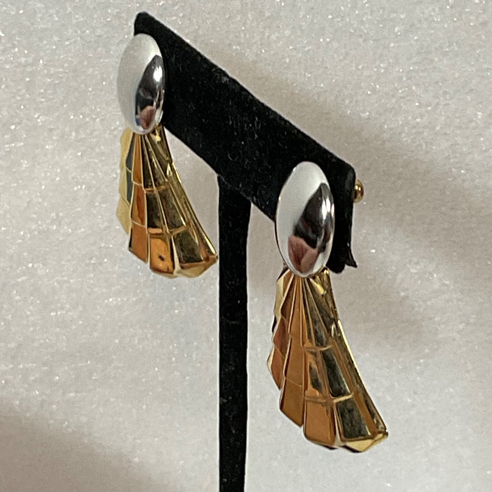 Vintage Gold Silver Tone Fan Earrings Geometric Statement Post Studs 8.24g 1.5in - Image 4