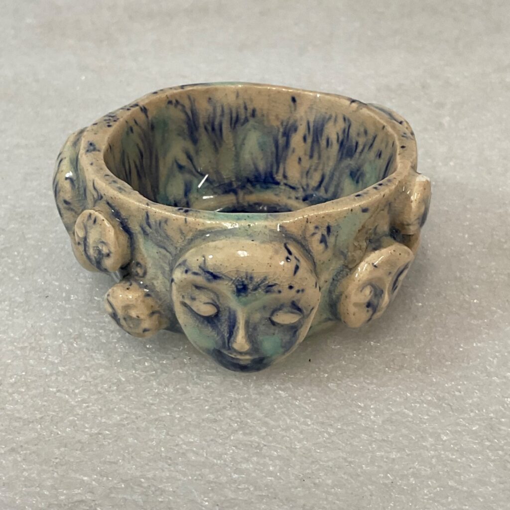 Signed Studio Ceramic Incense Bowl Face Motif 2.75in - Image 1