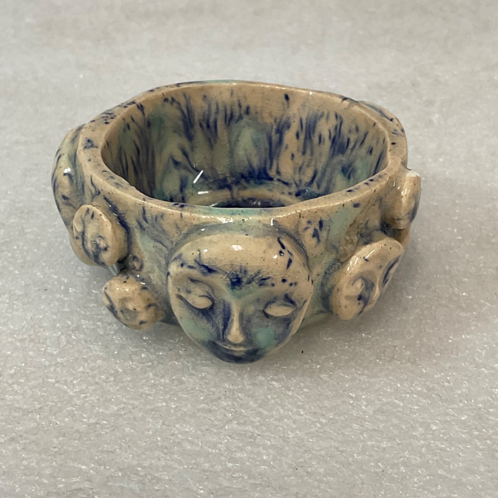 Signed Studio Ceramic Incense Bowl Face Motif 2.75in - Image 1
