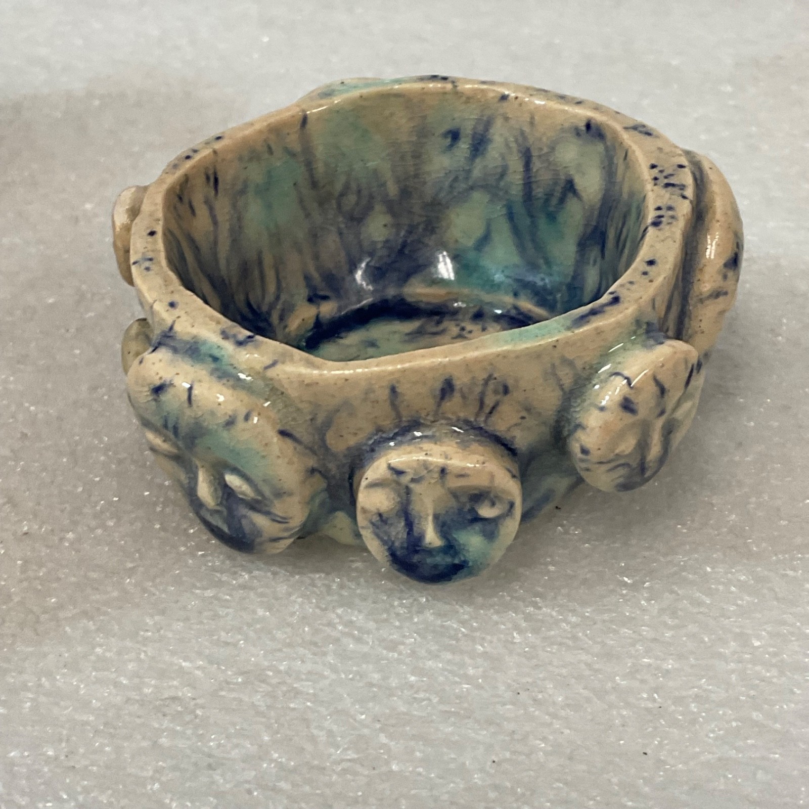 Signed Studio Ceramic Incense Bowl Face Motif 2.75in - Image 3