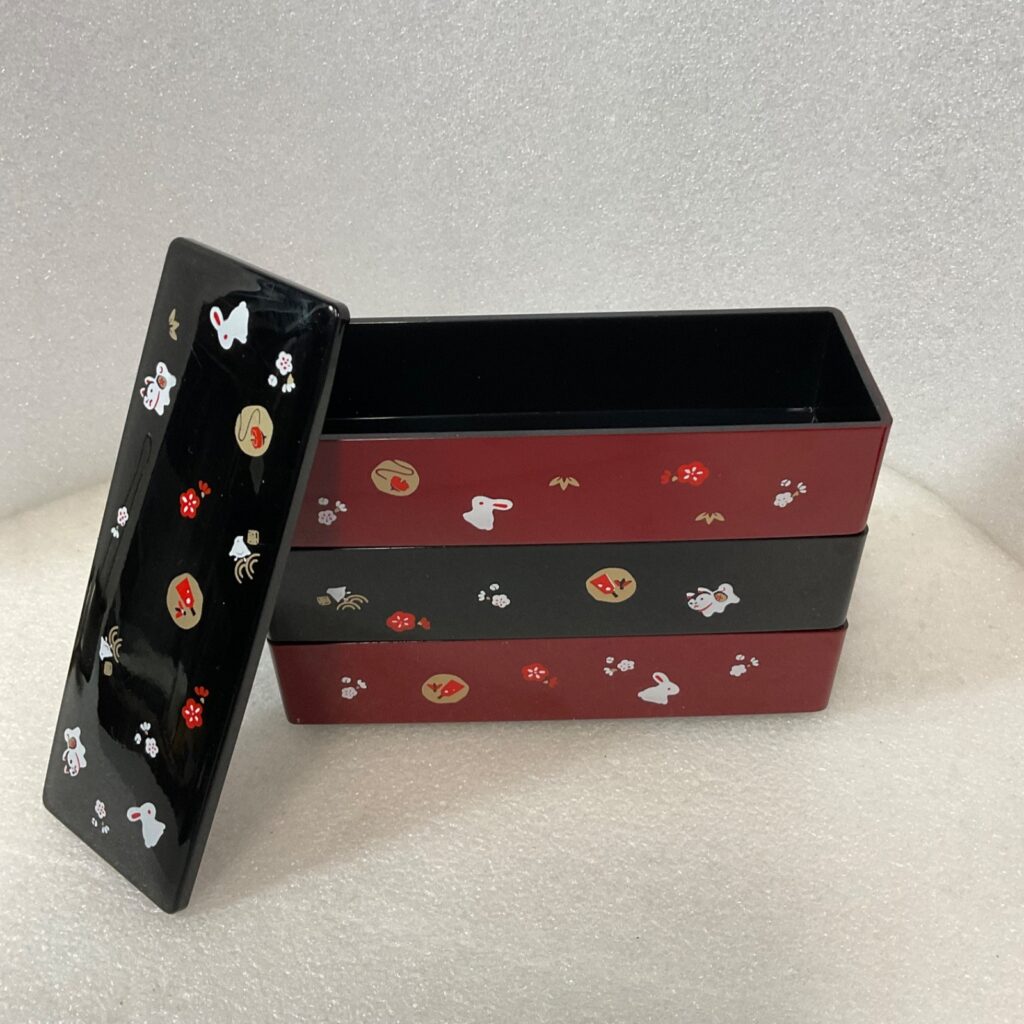 Japanese Style 3 Tier Bento Box Trinket Box Red Black Rabbit Cat 6.5in - Image 1