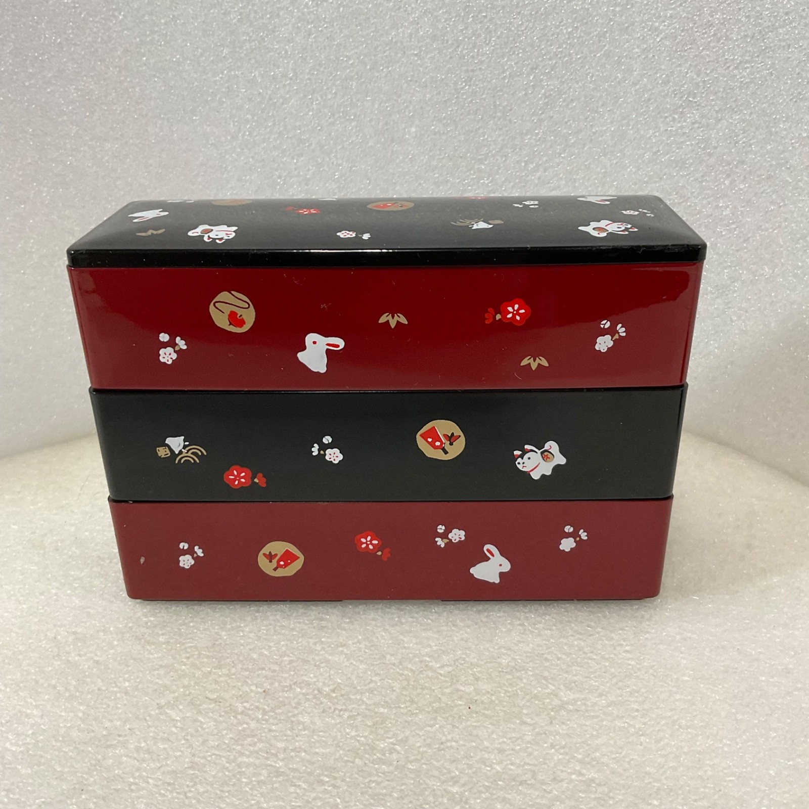 Japanese Style 3 Tier Bento Box Trinket Box Red Black Rabbit Cat 6.5in - Image 2