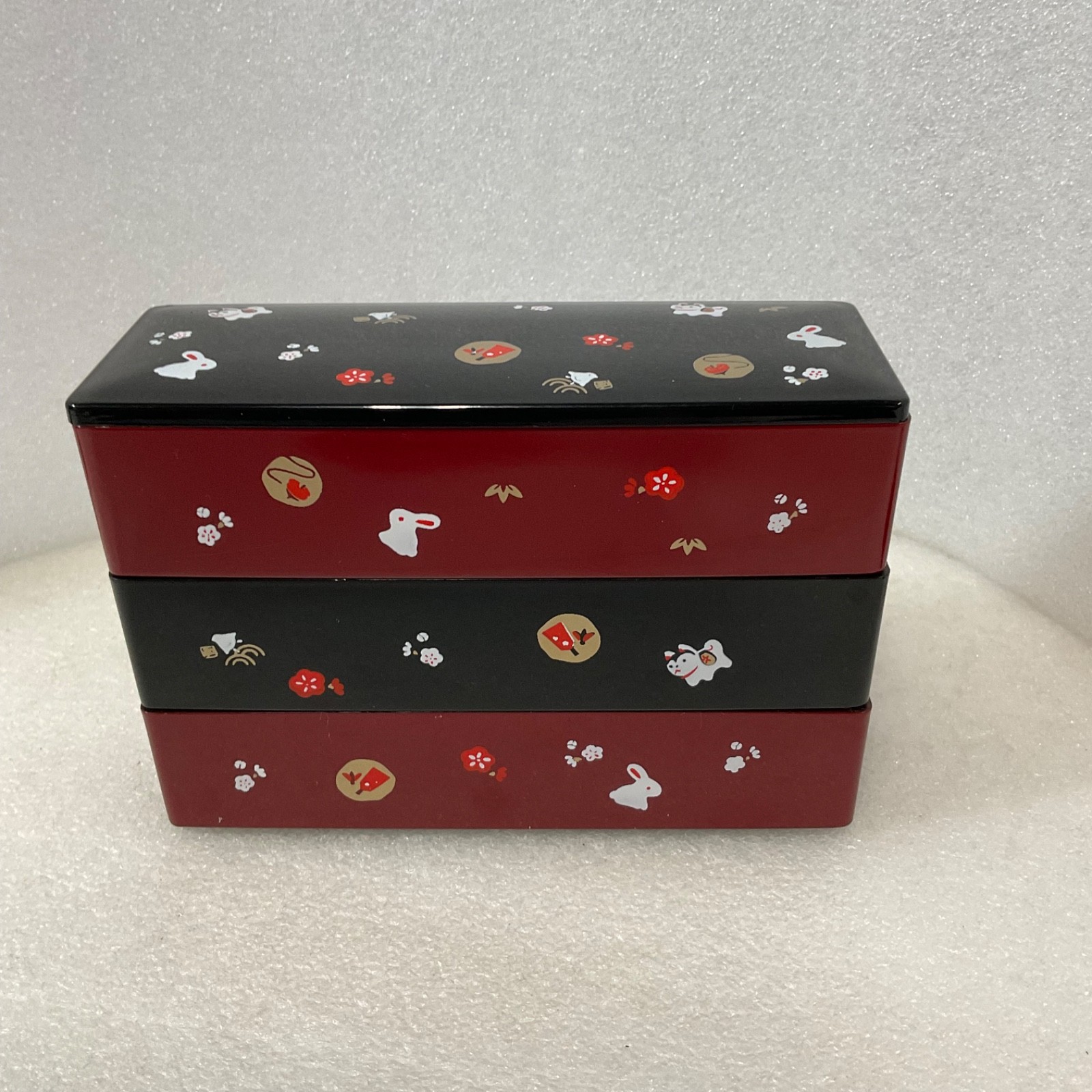 Japanese Style 3 Tier Bento Box Trinket Box Red Black Rabbit Cat 6.5in - Image 4