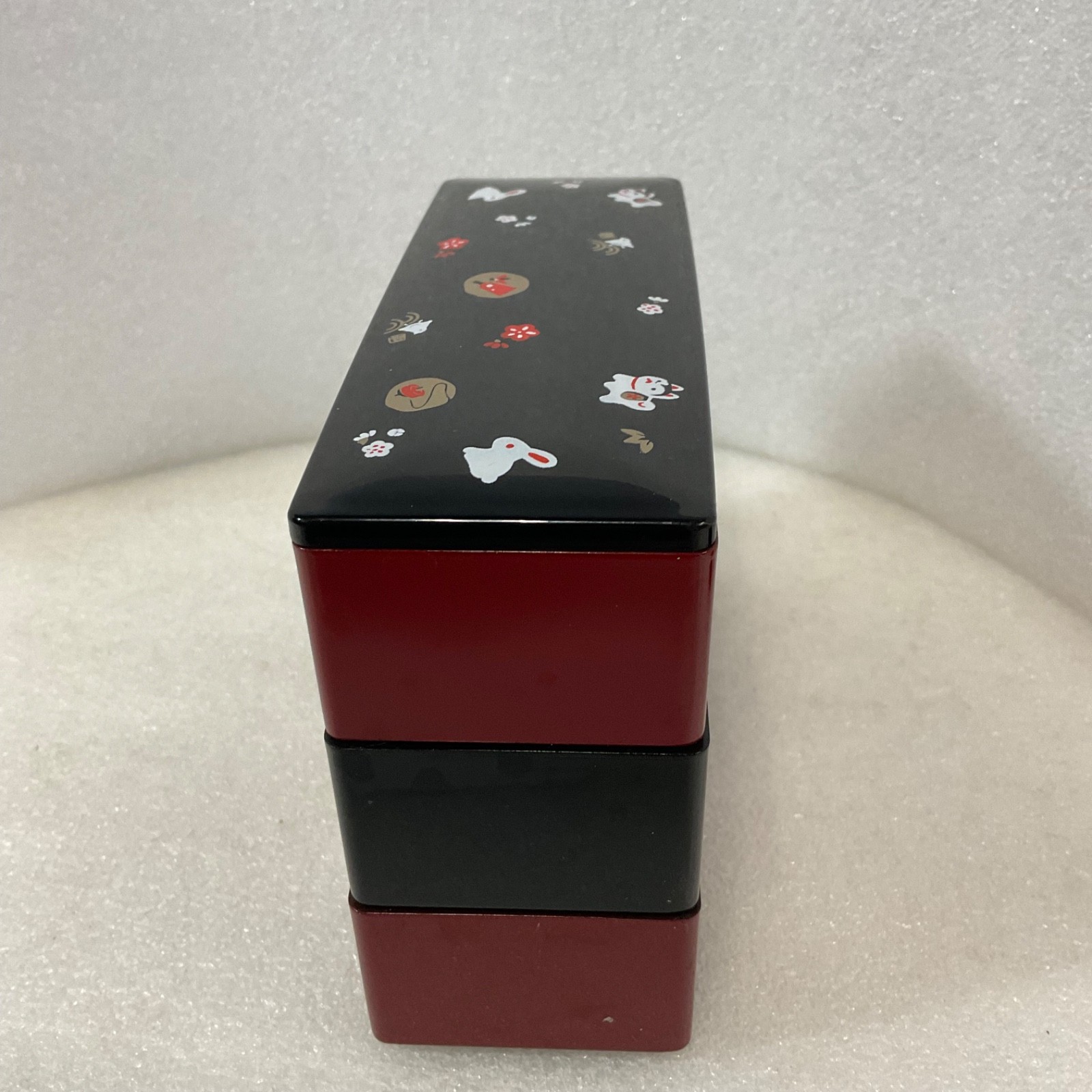 Japanese Style 3 Tier Bento Box Trinket Box Red Black Rabbit Cat 6.5in - Image 5