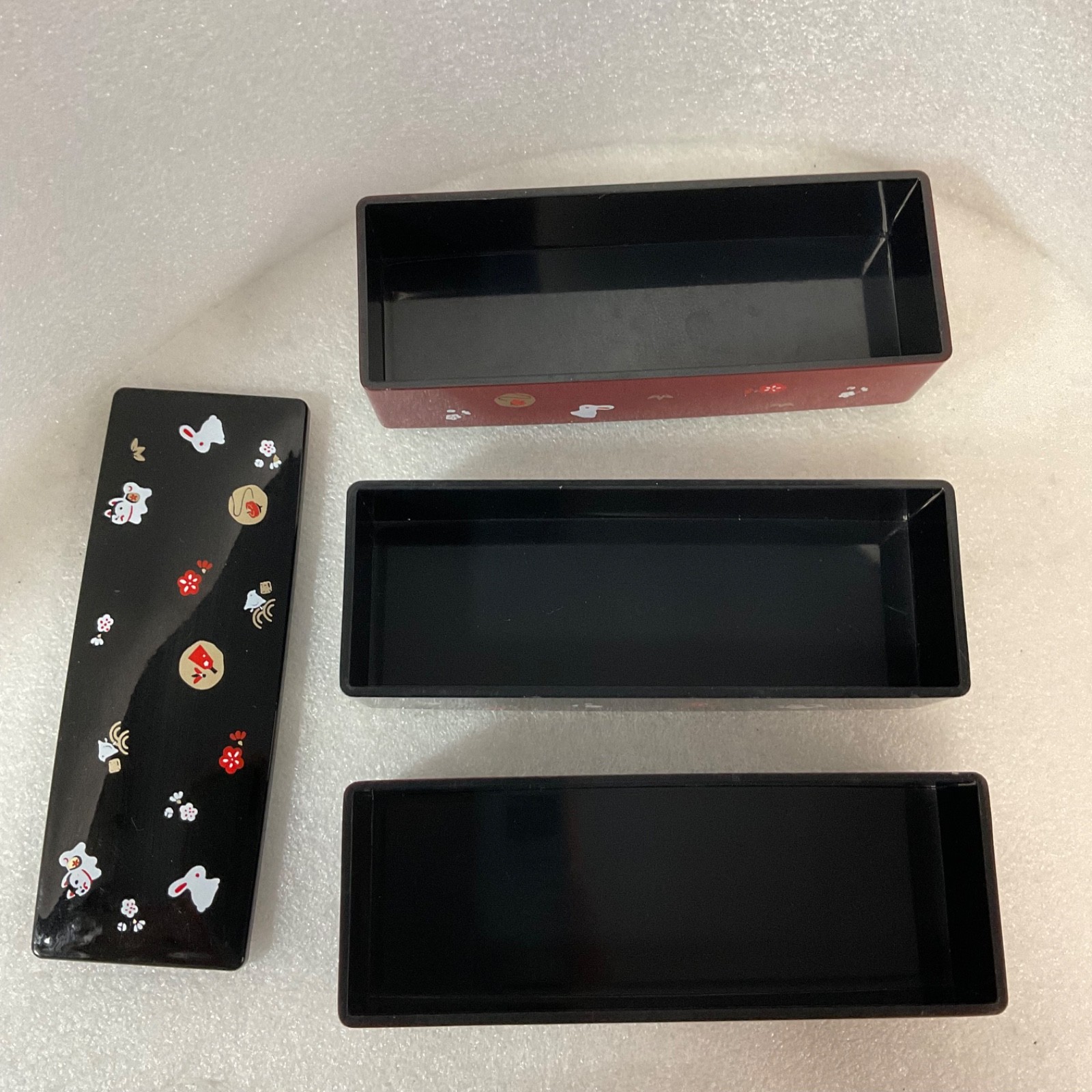 Japanese Style 3 Tier Bento Box Trinket Box Red Black Rabbit Cat 6.5in - Image 7