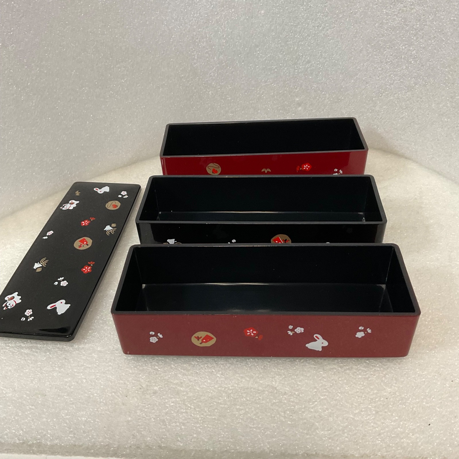 Japanese Style 3 Tier Bento Box Trinket Box Red Black Rabbit Cat 6.5in - Image 8