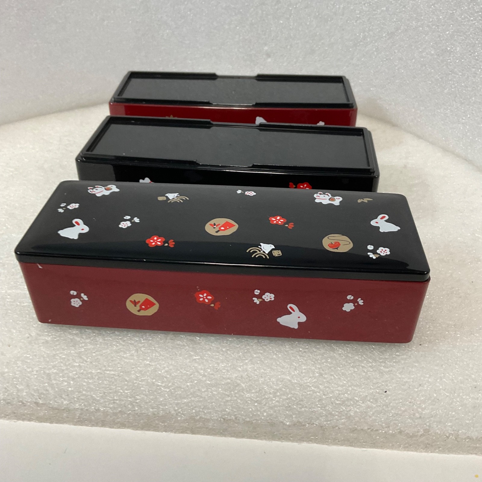 Japanese Style 3 Tier Bento Box Trinket Box Red Black Rabbit Cat 6.5in - Image 10