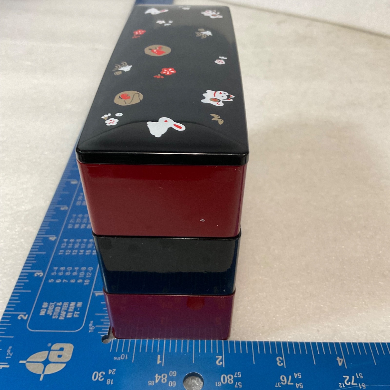 Japanese Style 3 Tier Bento Box Trinket Box Red Black Rabbit Cat 6.5in - Image 12