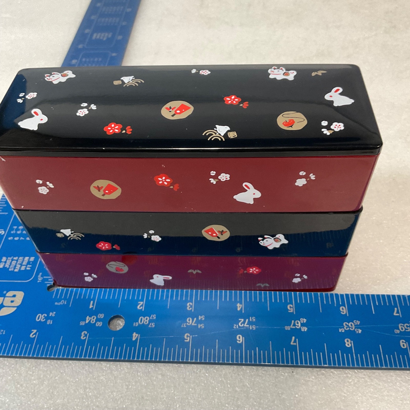 Japanese Style 3 Tier Bento Box Trinket Box Red Black Rabbit Cat 6.5in - Image 11