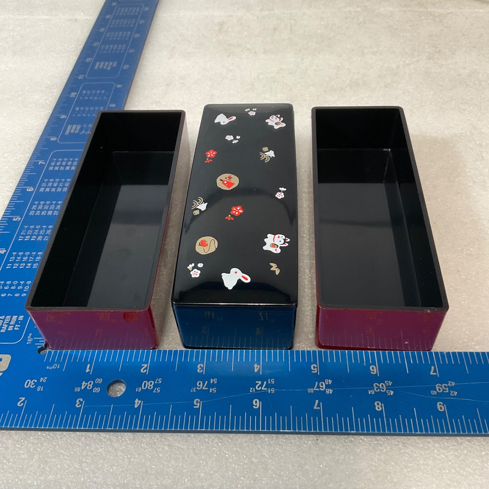 Japanese Style 3 Tier Bento Box Trinket Box Red Black Rabbit Cat 6.5in - Image 13