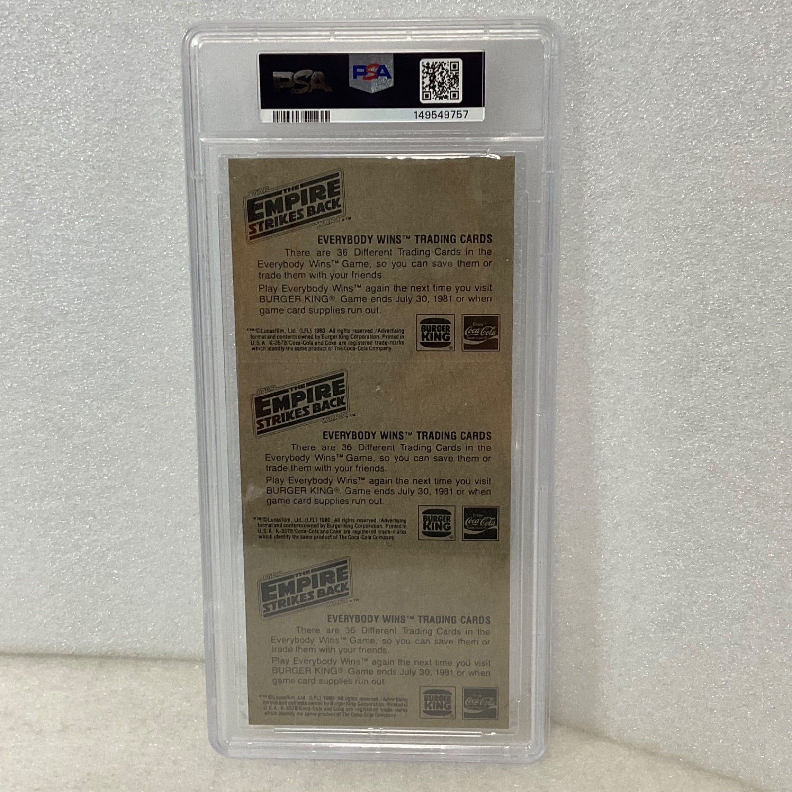 1980 Star Wars Burger King Snow Battle Bounty 3-Panel PSA 7 CERT#149549757 - Image 2