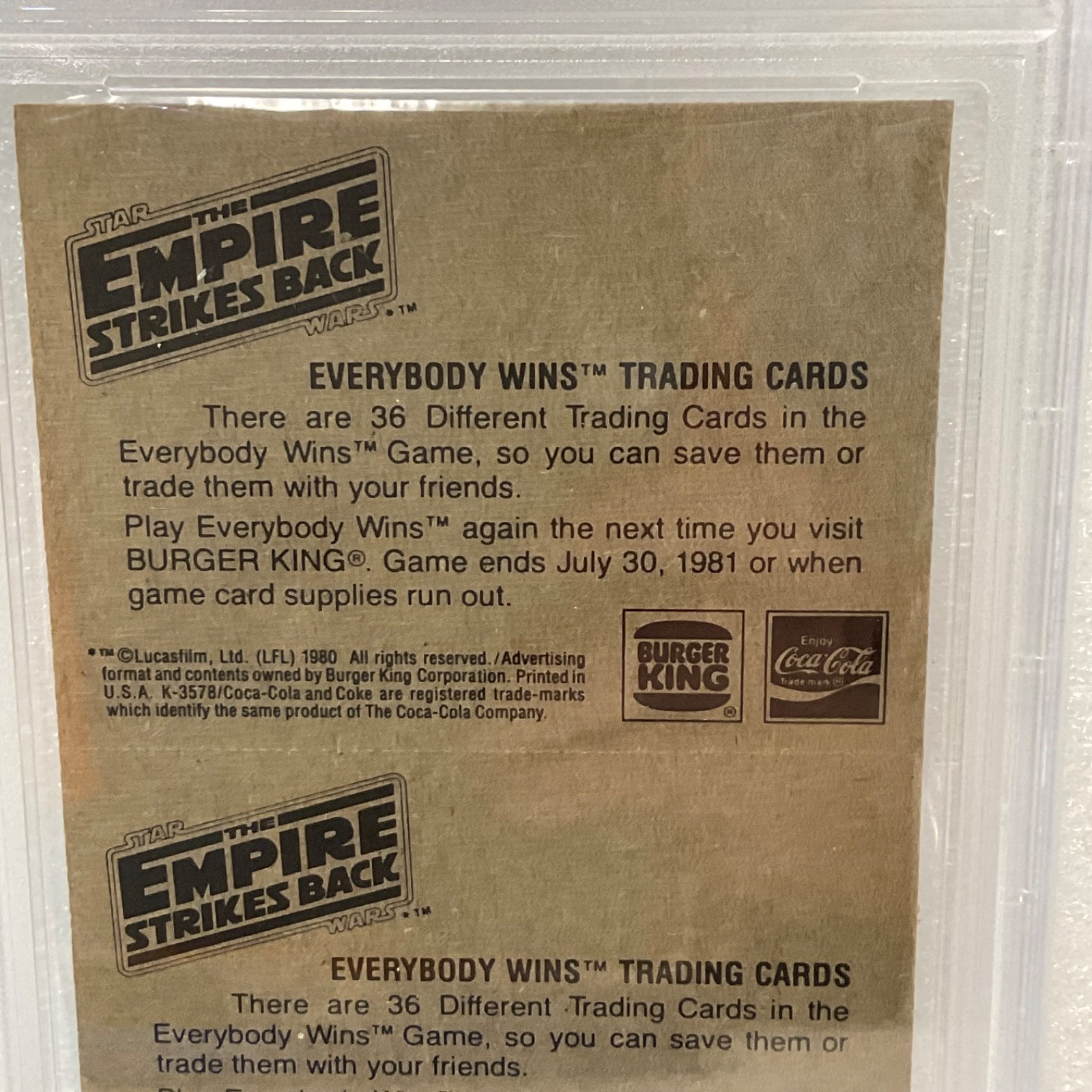 1980 Star Wars Burger King Defender Luke Walkers 3-Panel PSA Auth CERT#149549755 - Image 12