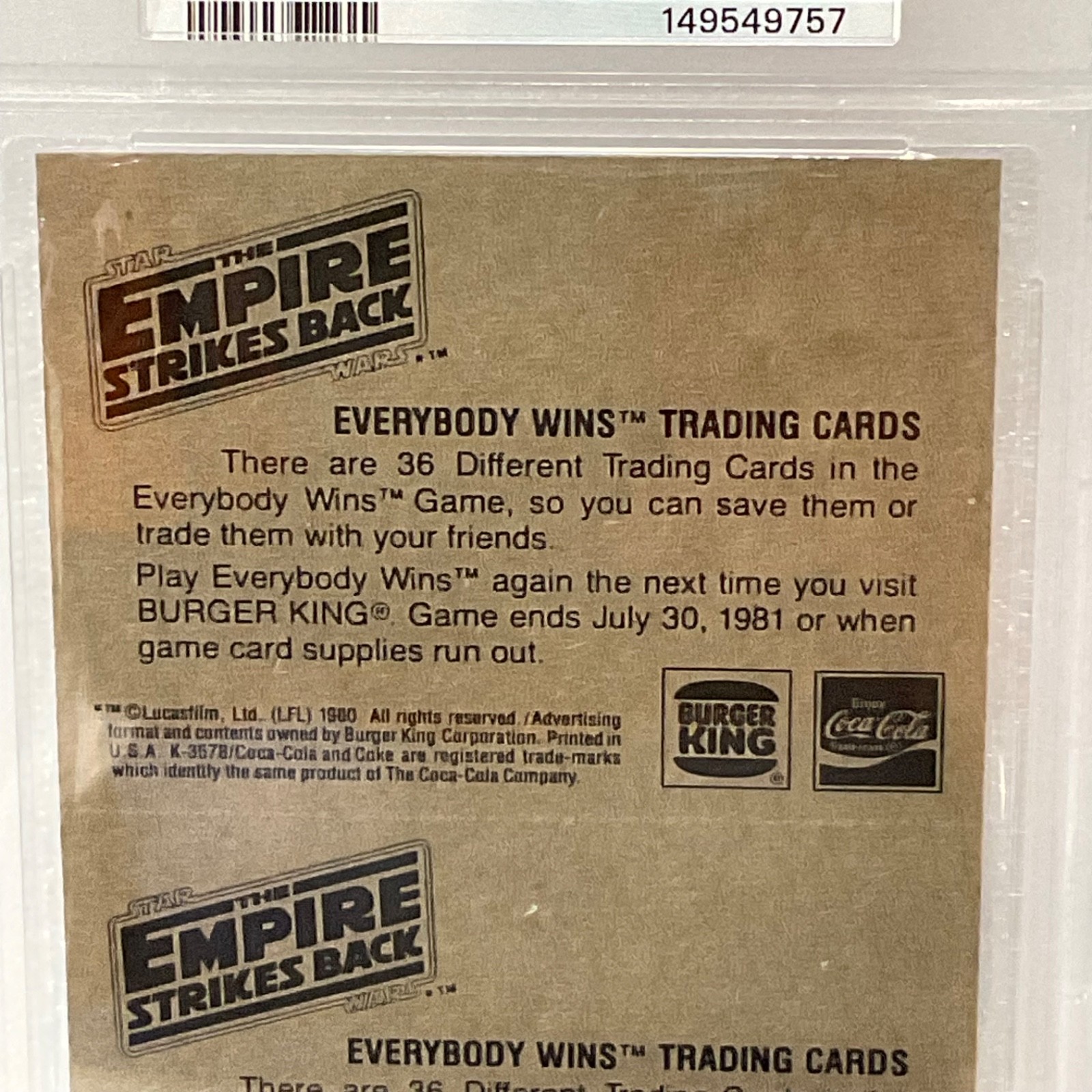 1980 Star Wars Burger King Snow Battle Bounty 3-Panel PSA 7 CERT#149549757 - Image 17