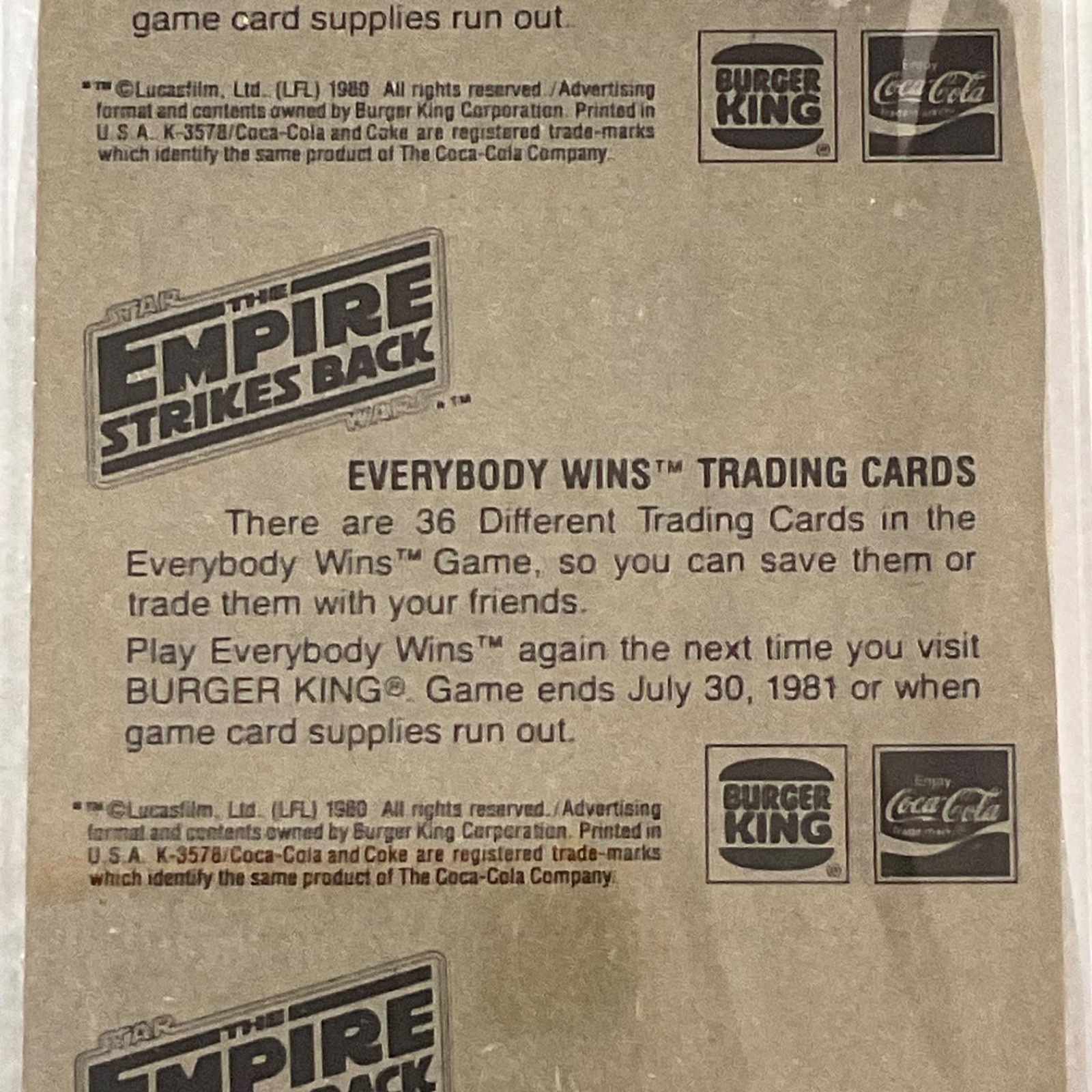 1980 Star Wars Burger King Dark/Imperial/Droids 3-Panel PSA 7 CERT#149549756 - Image 17